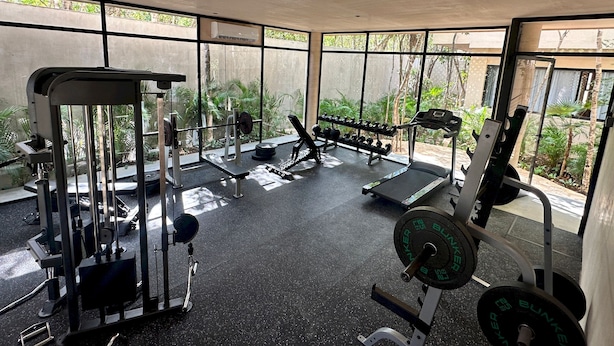 Un gimnasio con diversos equipos de ejercicio, amplias ventanas y vistas al exterior con vegetación.