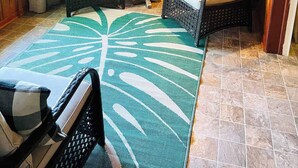 Una habitación acogedora con paredes de madera, dos sillones de mimbre con cojines, una mesita con una planta y una lámpara de pie.