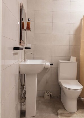 Douche, bidet, serviettes fournies, savon