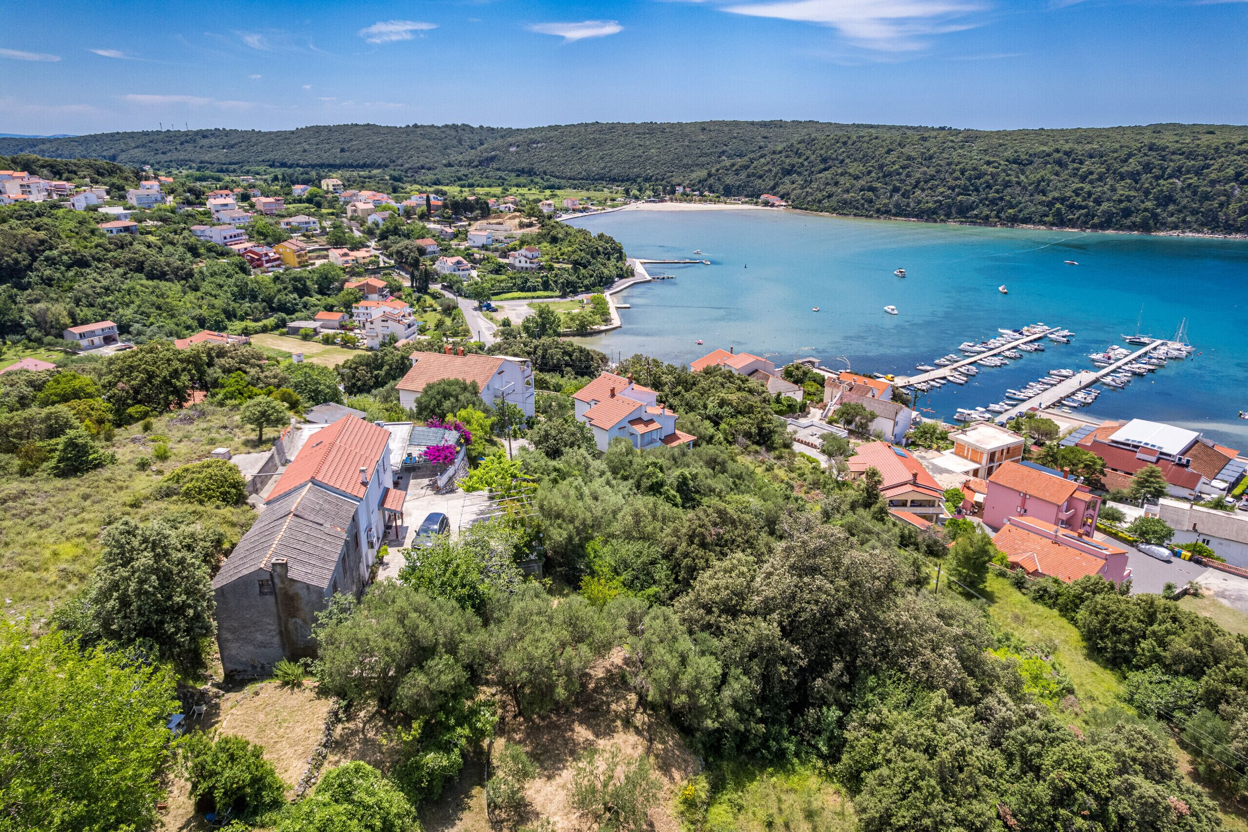 An aerial view of a coastal town with houses, a marina, and a beach.