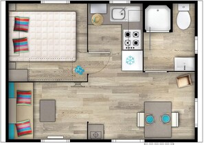 A compact studio apartment with a kitchenette, a single bed, a small dining table, and a bathroom. - Carva - Confort 1 TV - 2p (1) (La Guérinière)