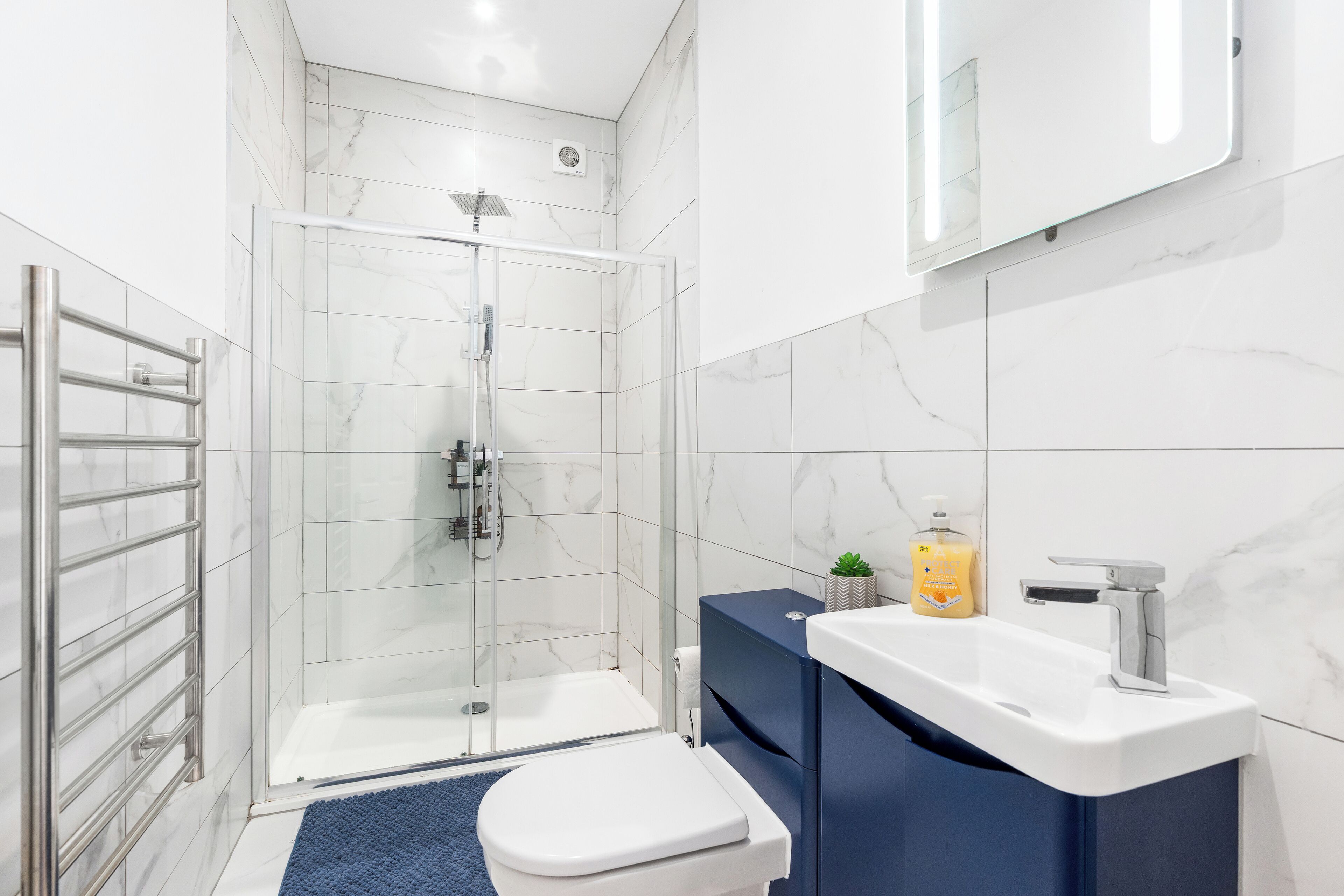 Hair dryer, towels, soap, toilet paper