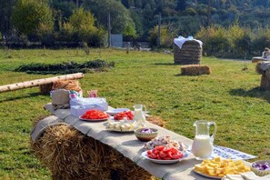 Un coin pique-nique aménagé avec des bottes de foin, une table garnie de nourriture et un paysage rural en arrière-plan.