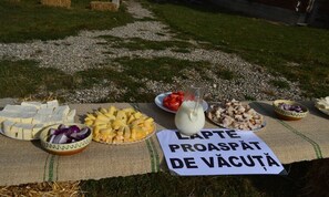 Mesa de piquenique com queijo, frutas e uma placa com a inscrição 'LAPTE PROASPAT DE VĂCUTA'.