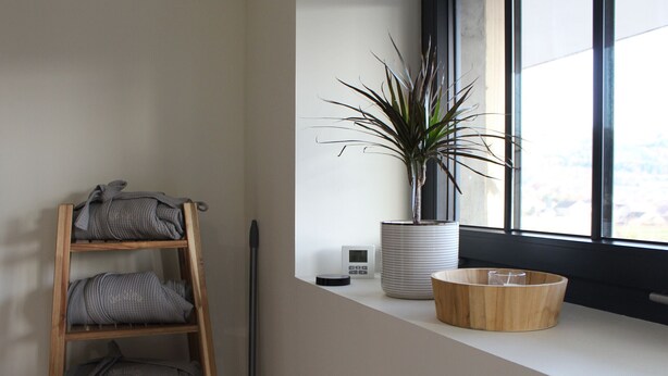 A modern room with a wooden ladder, a potted plant, a digital thermostat, and a wooden bowl on a white counter near a window. - Mid-Century Stay in Val-d'Ajol with Parking and Pets Welcome (Le Val-d'Ajol)