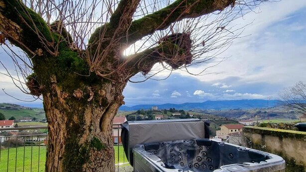 Un jacuzzi junto a un árbol con vista a un valle y casas al fondo.