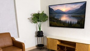 Olohuoneessa on ruskea nahkasohva, pieni sivupöytä, jossa on kasvi, ja puinen TV-taso suuren, maisemakuvan näyttävän television alla.
