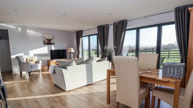 A spacious living room with a sofa, a TV, and a dining area with a table and chairs. - Fleetwood (Richmond)