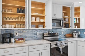 Fridge, microwave, oven, stovetop - Dunes B2 - BRAND NEW - Oceanfront with Pool in OIB (Ocean Isle Beach)