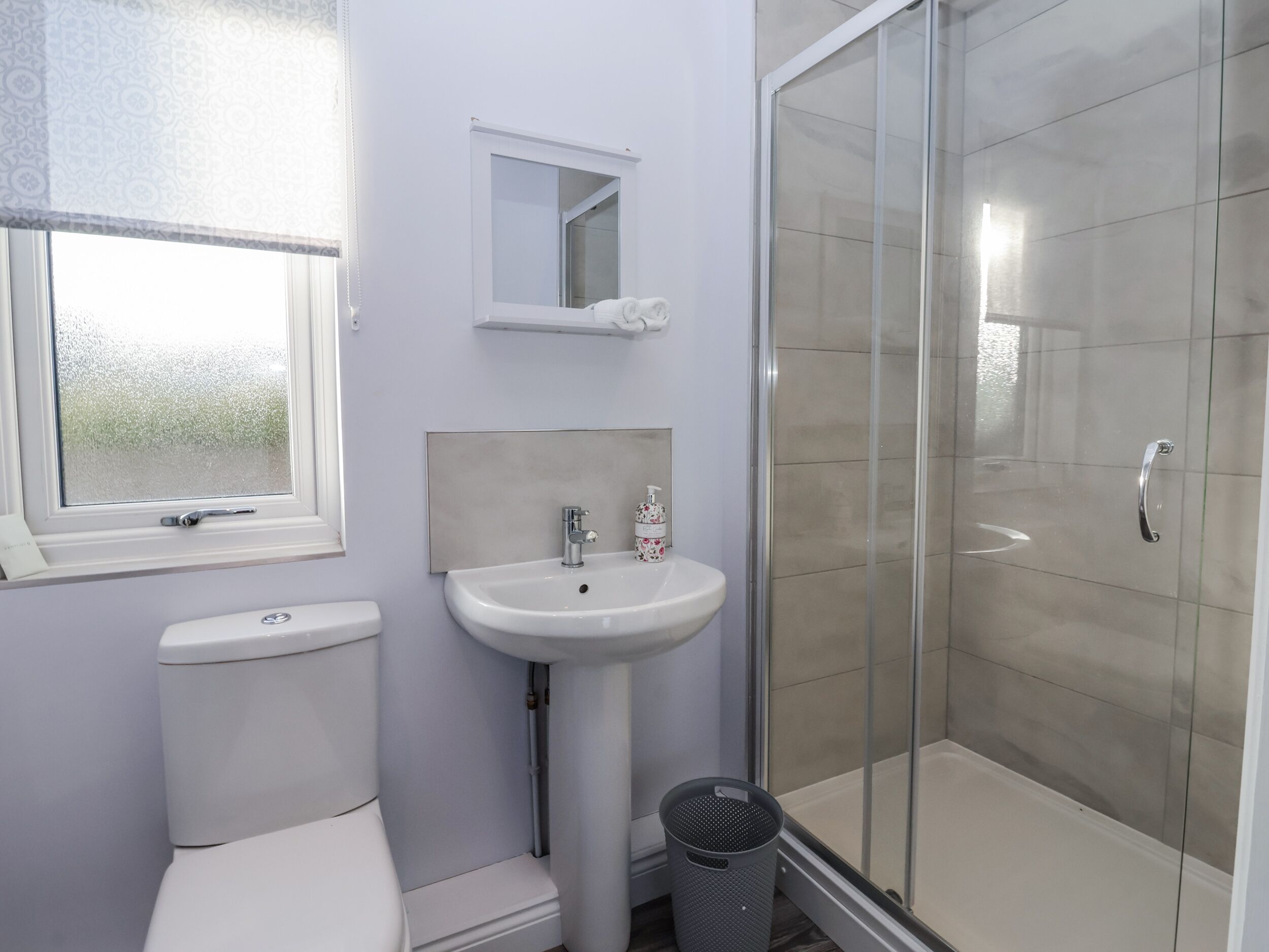 Baño con inodoro, lavamanos, espejo y cabina de ducha de vidrio.