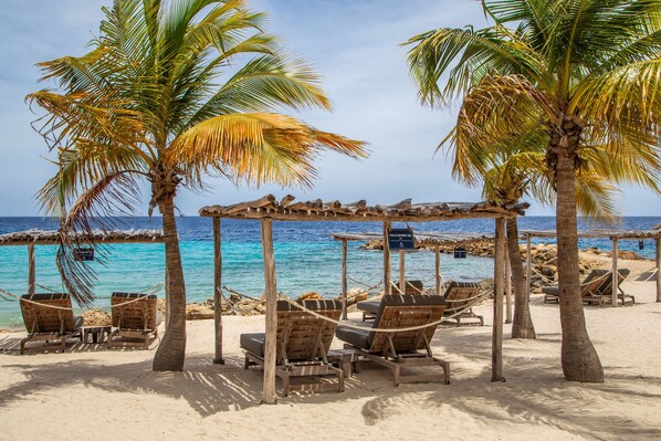 Playa en los alrededores, camastros y toallas de playa 