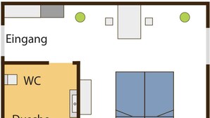 Grundriss eines Hotelzimmers mit Eingang, WC und eigenem Badezimmer.