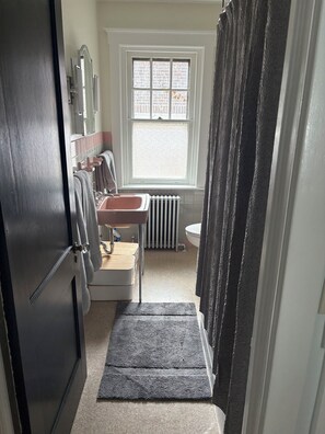 Hair dryer, towels, soap, toilet paper