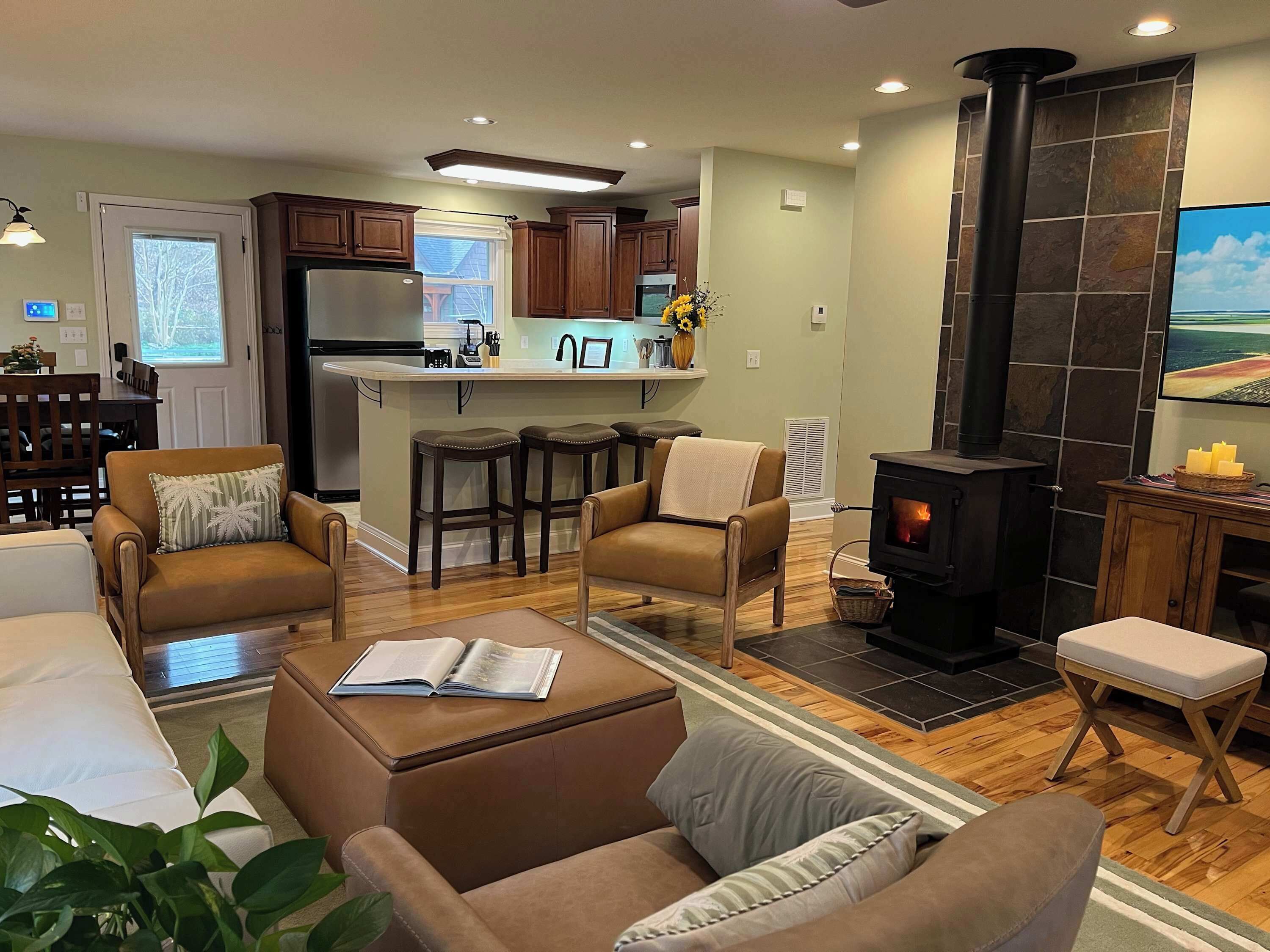 Televisión, chimenea y oficina 