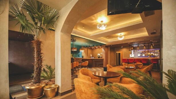 Um hall com área de bar, assentos e uma grande planta em vaso.