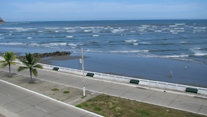 A coastal road with a sidewalk, palm trees, and a view of the ocean.