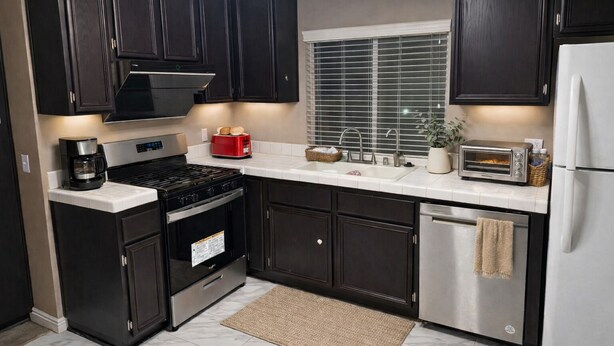 A modern kitchen with dark cabinetry, stainless steel appliances, a window with blinds, and a small rug on the floor. - Spacious 4BR Norco Retreat; Near SilverLakes; Pet Friendly; RV Parking (Norco)