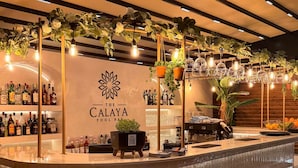 Een bar met een toonbank, barstoelen, hangplanten en een bordje met de tekst 'The Calaya Pool Bar'.