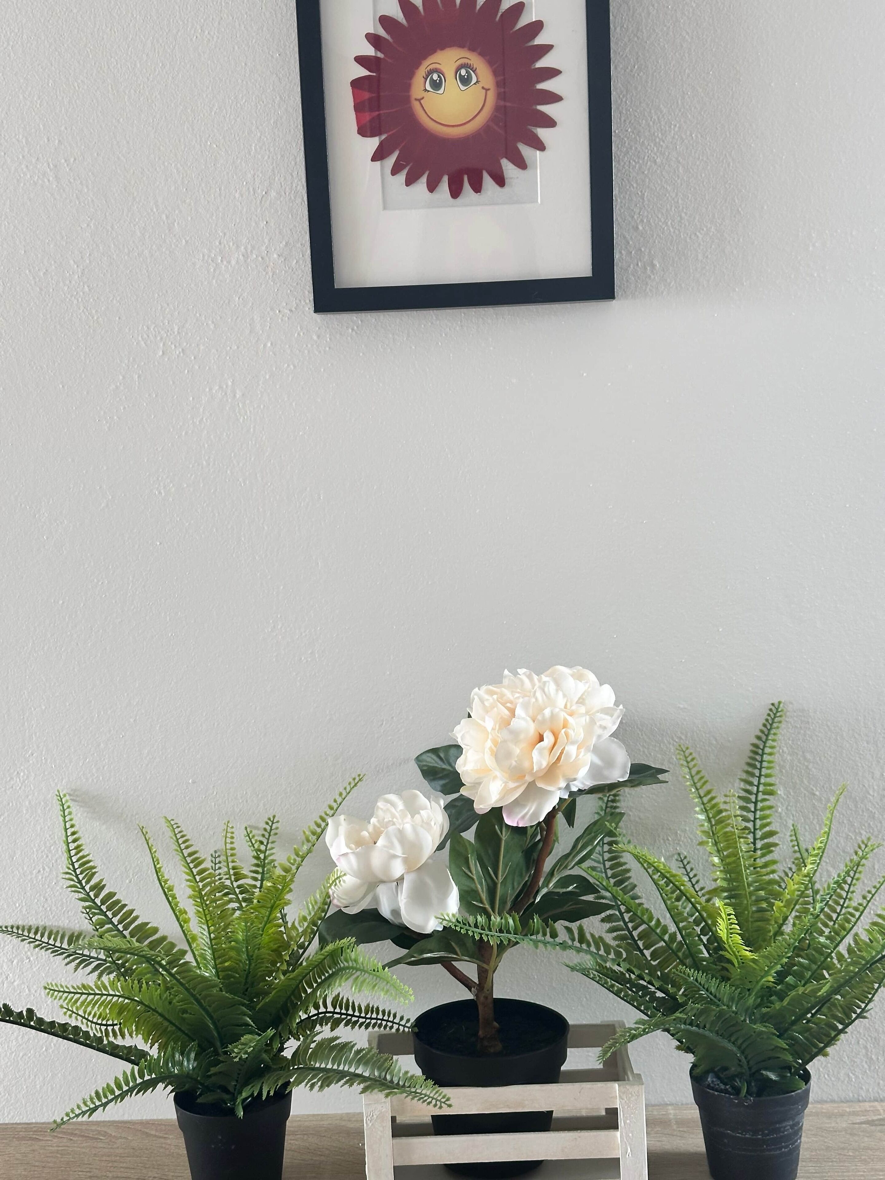 A potted plant arrangement with a framed sun decoration on a wall.