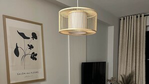 Een moderne eethoek met een ronde houten tafel, vier gestoffeerde stoelen, een hangende geweven lamp, een botanische afbeelding in een lijst, een flatscreen televisie en een raam met gordijnen.