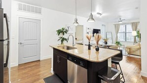 A modern kitchen with a built-in dishwasher, granite countertop, and pendant lighting. - Zen 2B2B Next to Legacy West (Frisco)