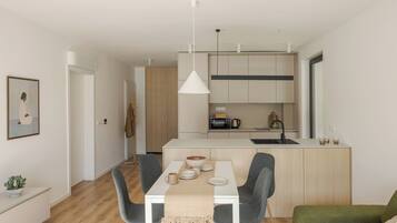 Full-size fridge, microwave, stovetop, dishwasher