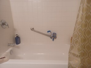 Hair dryer, towels, soap, toilet paper