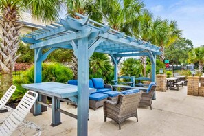 Outdoor dining - Oceanview condo with pool, hot tub, private balcony - close to beach & golf (Myrtle Beach)