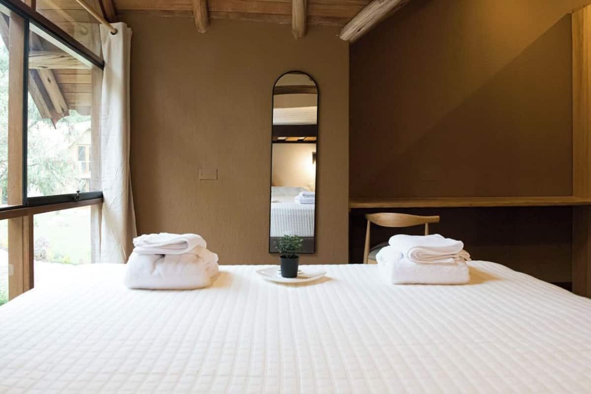 A hotel room with a large bed, two towels, a small potted plant, and a mirror on the wall.