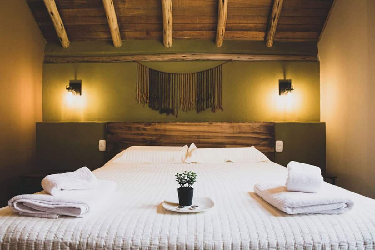 A hotel room with a wooden ceiling, a bed with white bedding, two wall-mounted lights, and a small potted plant on the bed.