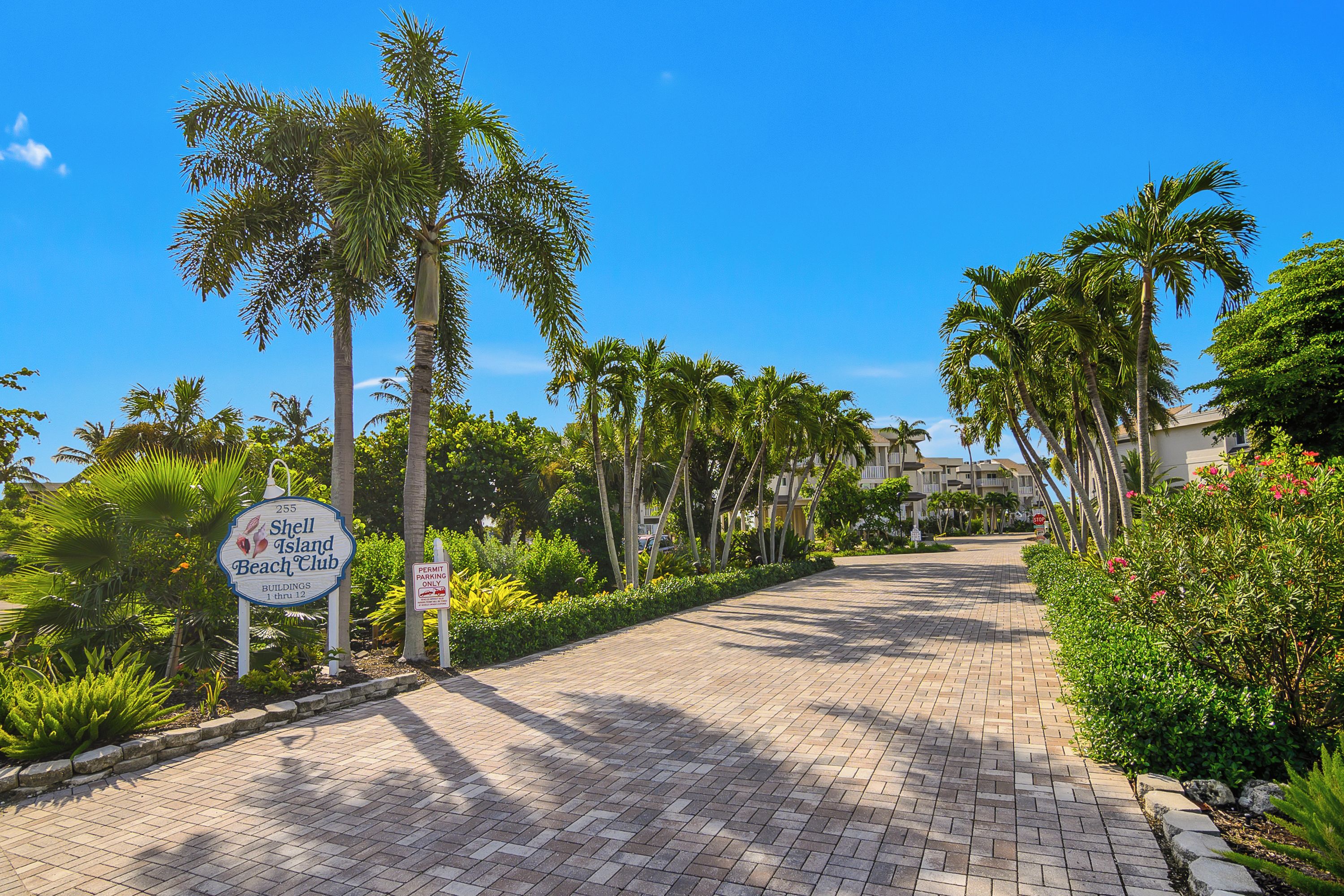 A paved pathway leading to a building with a sign for Shell Island Beach Club.