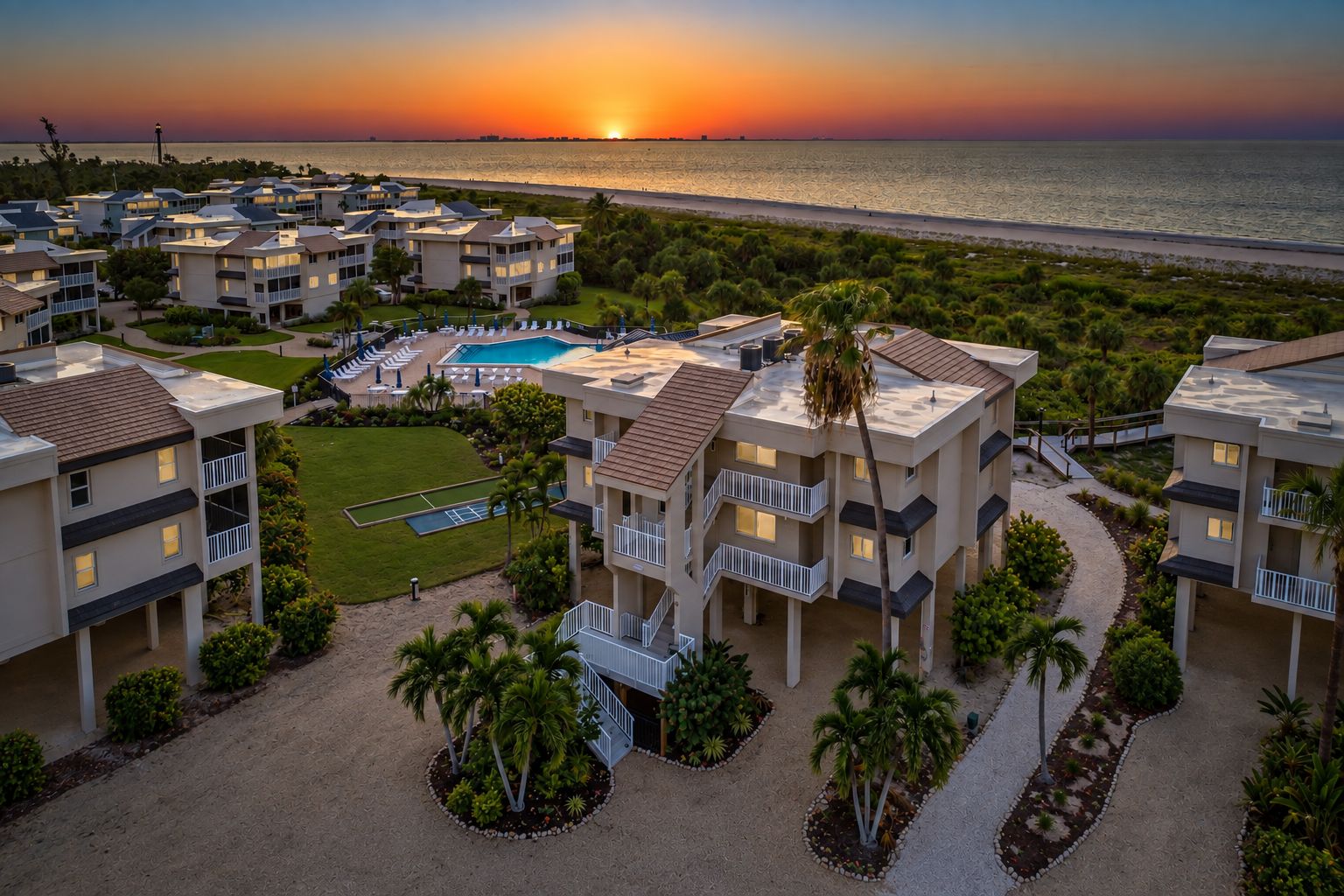 A resort with multiple buildings, a swimming pool, and a view of the ocean at sunset.