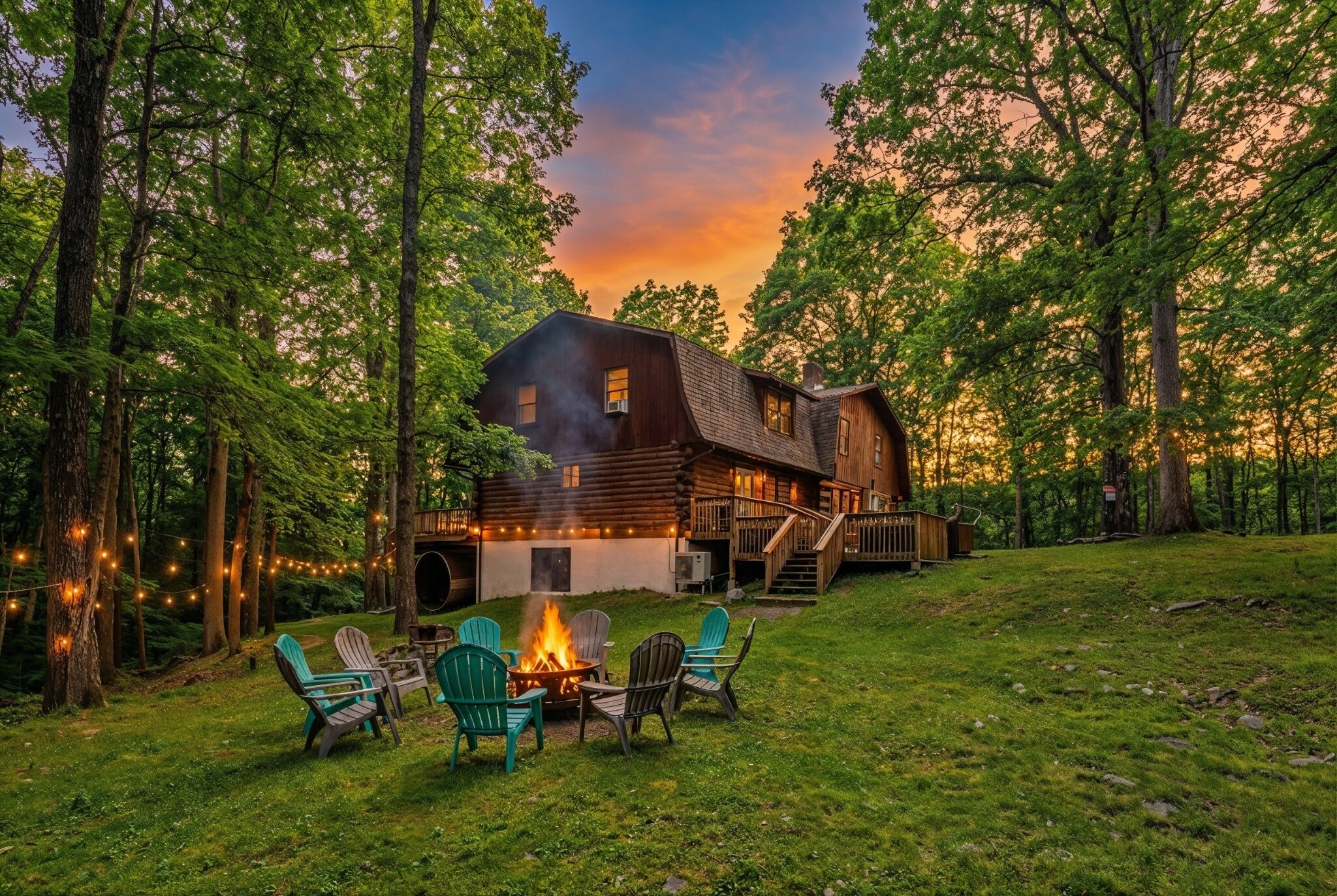 A cabin with a fire pit and chairs in a forest setting.