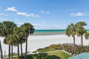 A beach view with palm trees and a clear sky. - Beachfront Bliss - Outdoor Pool - Sleeps 6 (Belleair Beach)