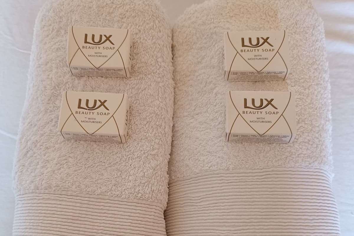 Shower, towels, soap, shampoo