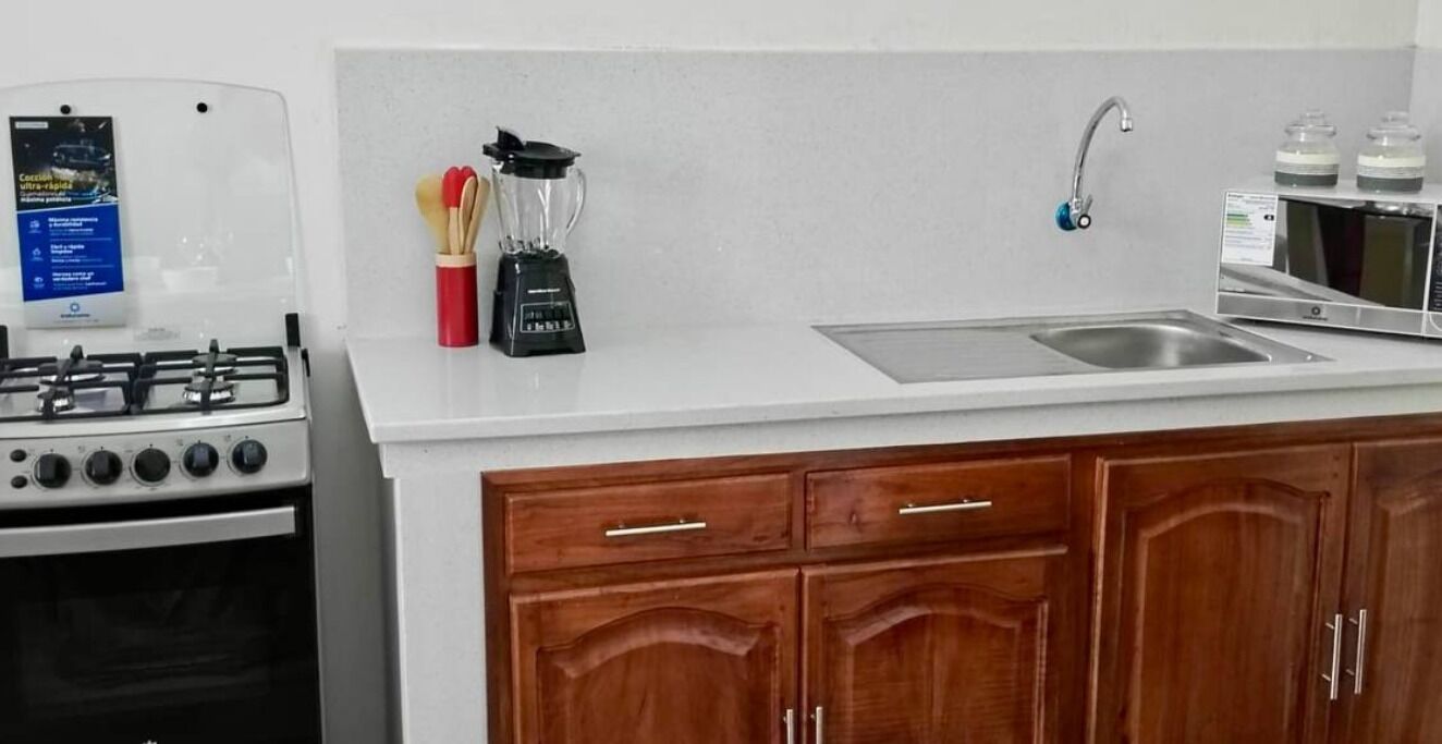 A kitchen with a gas stove, a blender, a sink, and wooden cabinets.