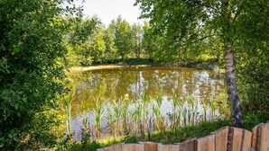 En sø omgivet af frodig vegetation og et træhegn.