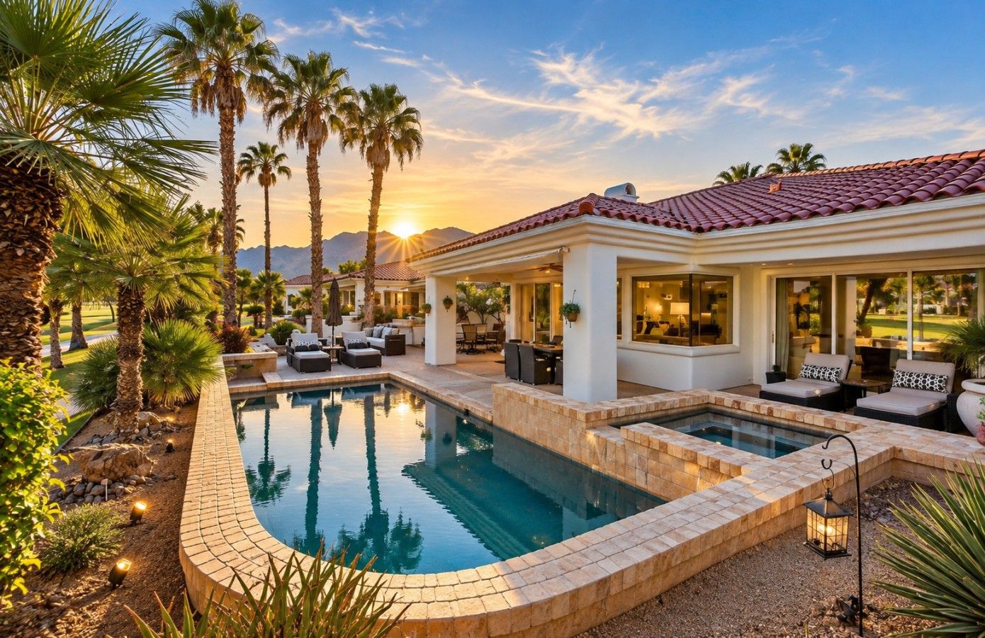 A pool area with a curved design, surrounded by palm trees and a patio with outdoor furniture.