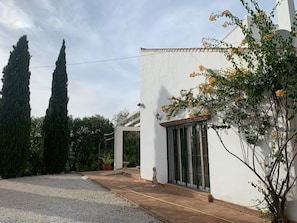A white building with a covered patio, a statue, and a tree with yellow flowers.