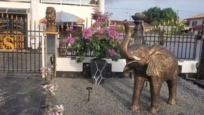 Une statue d’éléphant en bronze, dans un jardin agrémenté d’une fontaine et de fleurs.