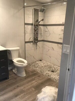 Douche, sèche-cheveux, bidet, serviettes fournies