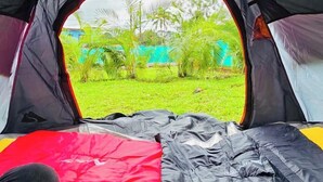 Tienda de campaña con cama en su interior, vista a la vegetación y una bolsa colgando.