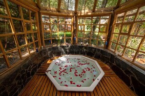 Un jacuzzi con interior de piedra y suelo de madera, rodeado de grandes ventanales con vistas a la vegetación.