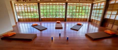 A room with wooden beams, tatami mats, and a view through large windows.