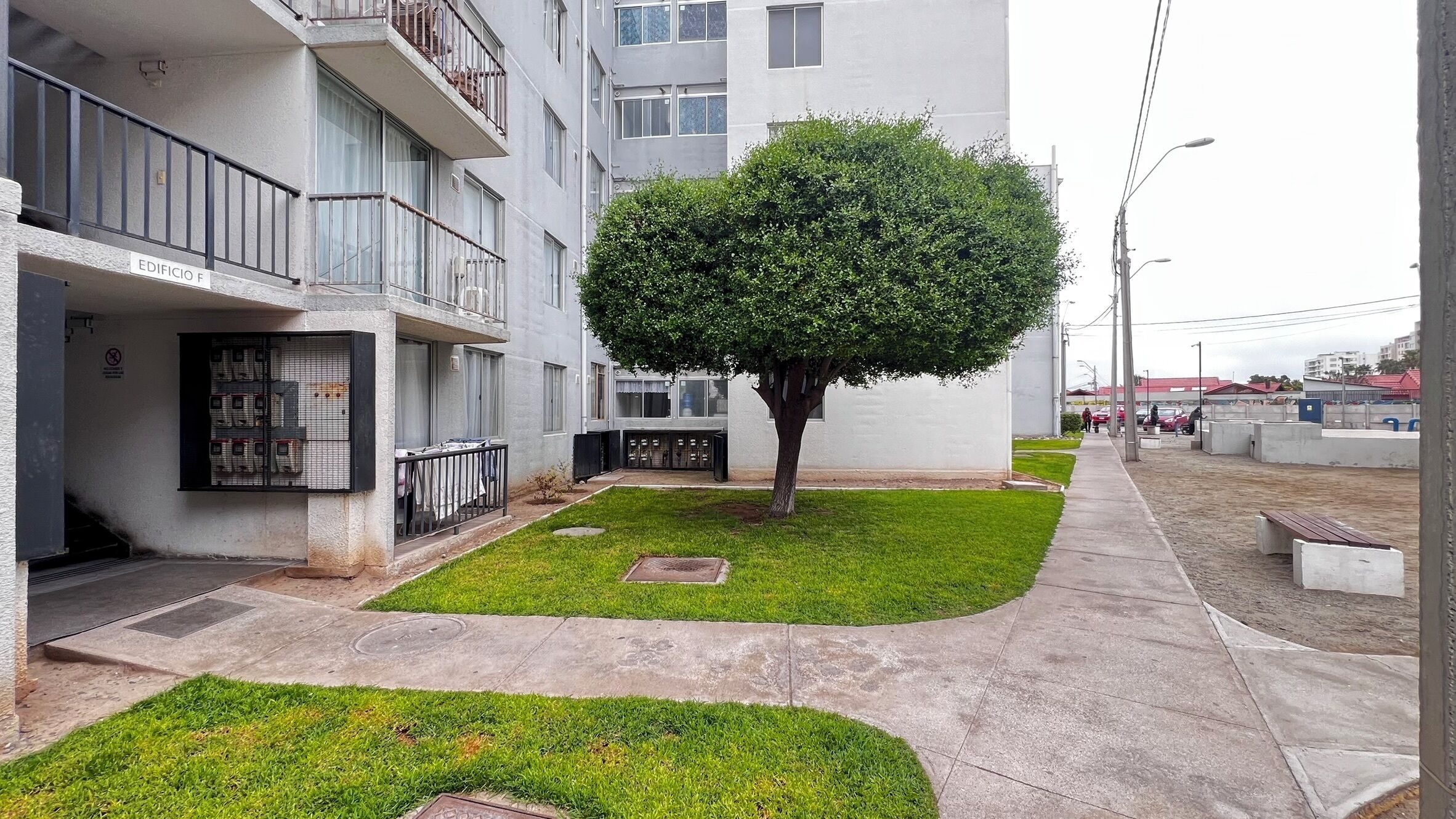 A residential building with a tree in the courtyard, a gated entrance, and a visible balcony.