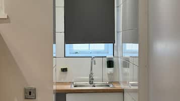 Shower, hair dryer, towels, toilet paper