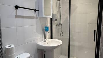 Shower, hair dryer, towels, toilet paper