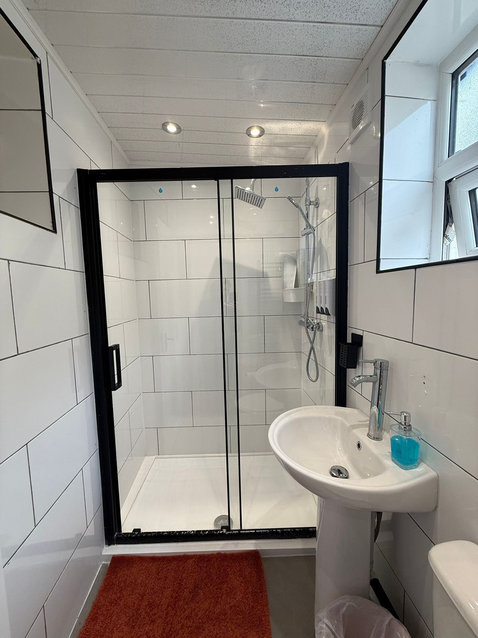 Shower, hair dryer, towels, toilet paper