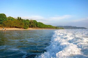 Una playa con agua cristalina, una orilla de arena y abundante vegetación al fondo.