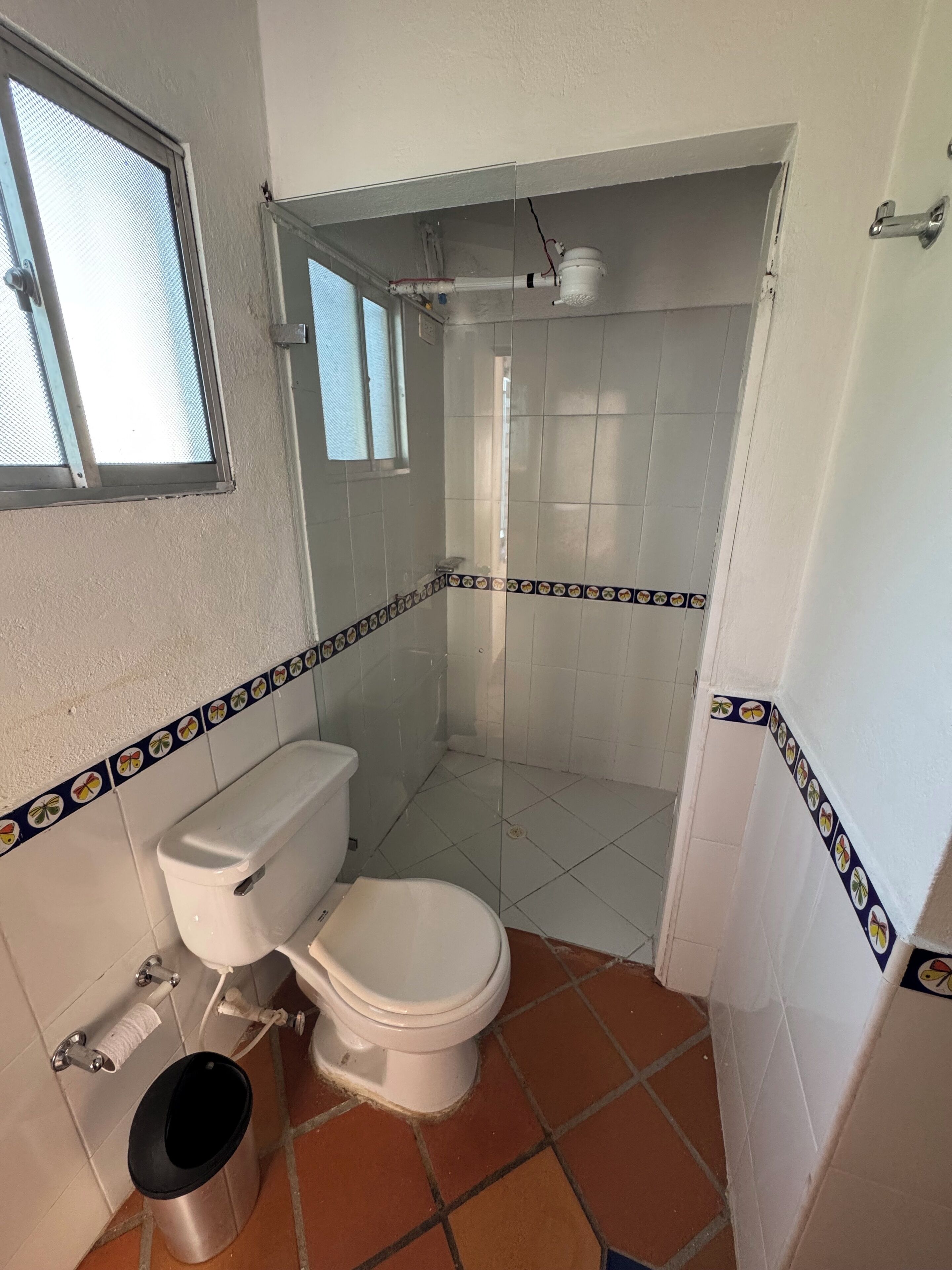 Hair dryer, towels, soap, toilet paper